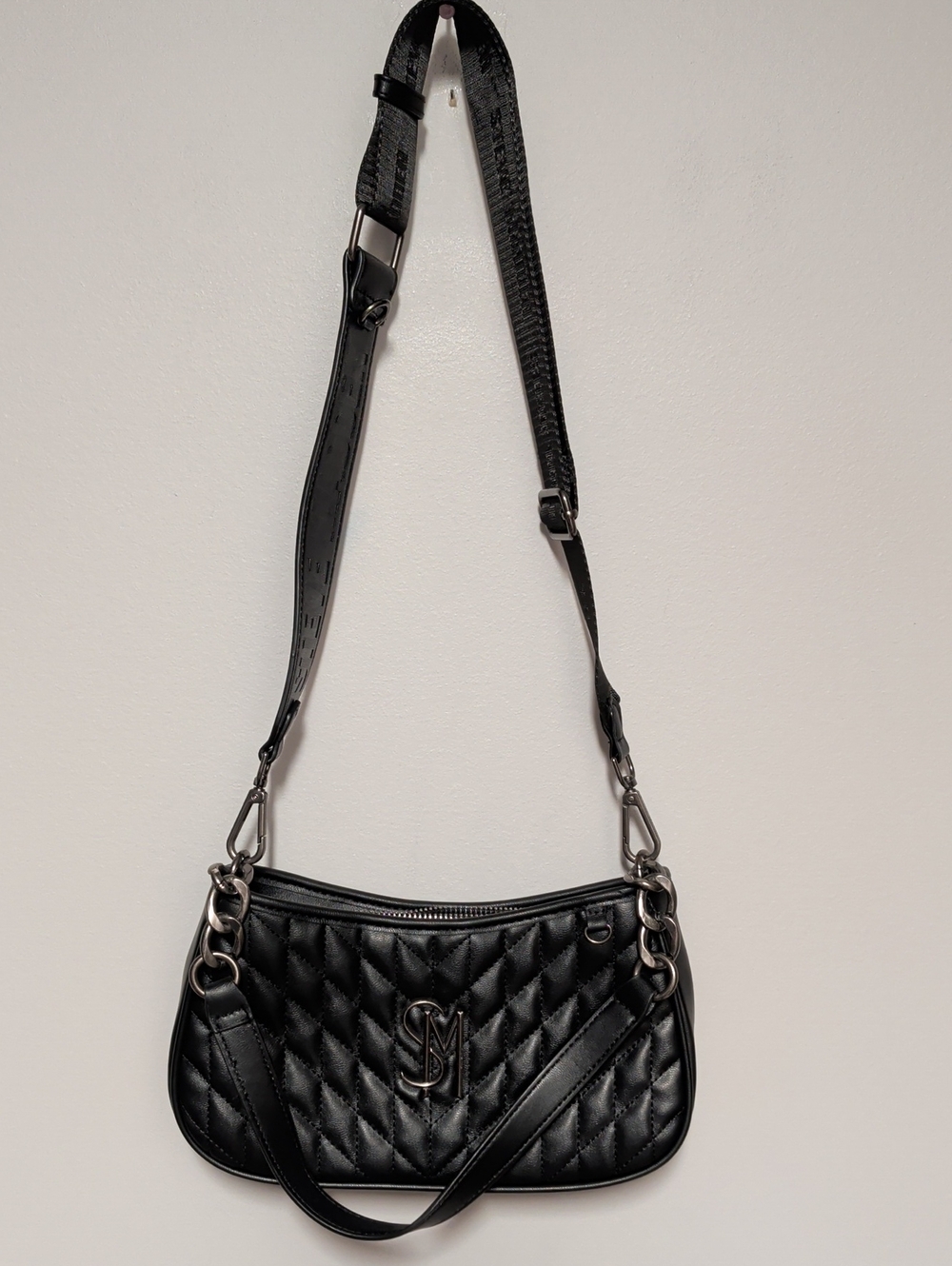 Steve Madden Black Quilted Shoulder Bag with Chain Hardware